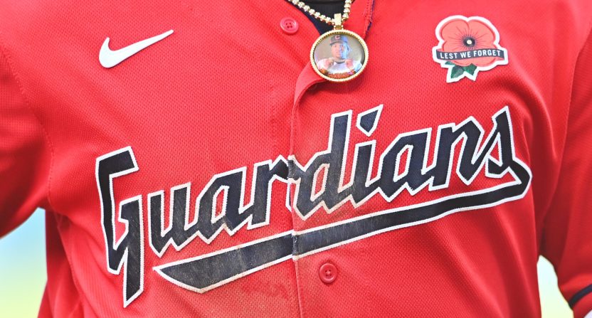 May 30, 2022; Cleveland, Ohio, USA; The 2022 MLB Memorial Day patch is shown on the jersey of Cleveland Guardians third baseman Jose Ramirez (11) during the fifth inning against the Kansas City Royals at Progressive Field. Mandatory Credit: Ken Blaze-USA TODAY Sports