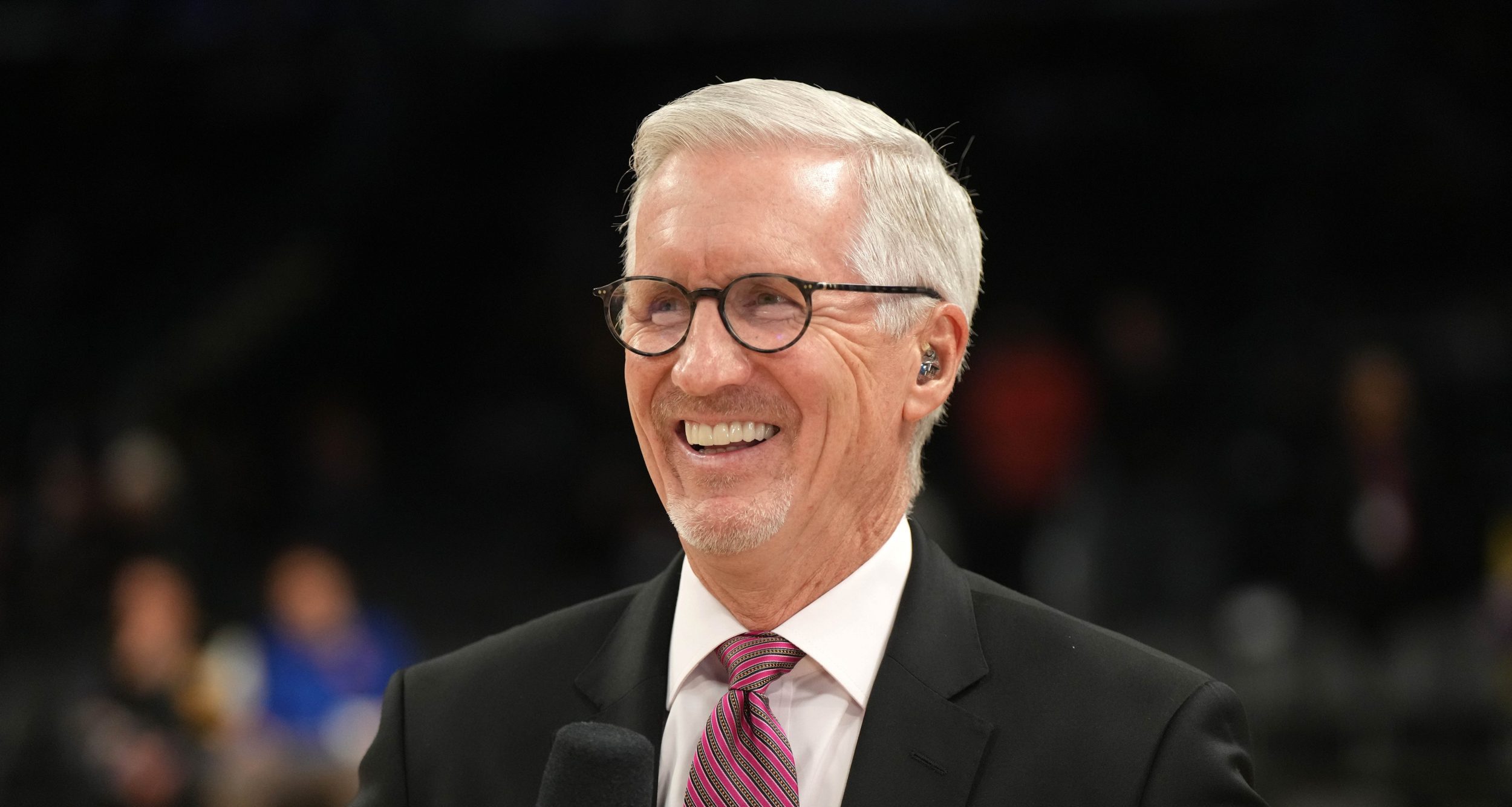 ESPN play-by-play commentator Mike Breen during the game between the Los Angeles Lakers and the New York Knicks at Crypto.com Arena.