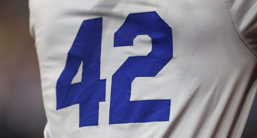 Apr 15, 2024; St. Petersburg, Florida, USA; Los Angeles Angels Taylor Ward (42) stands on deck before an at bat against the Tampa Bay Rays in the ninth inning during Jackie Robinson day at Tropicana Field. Mandatory Credit: Nathan Ray Seebeck-USA TODAY Sports