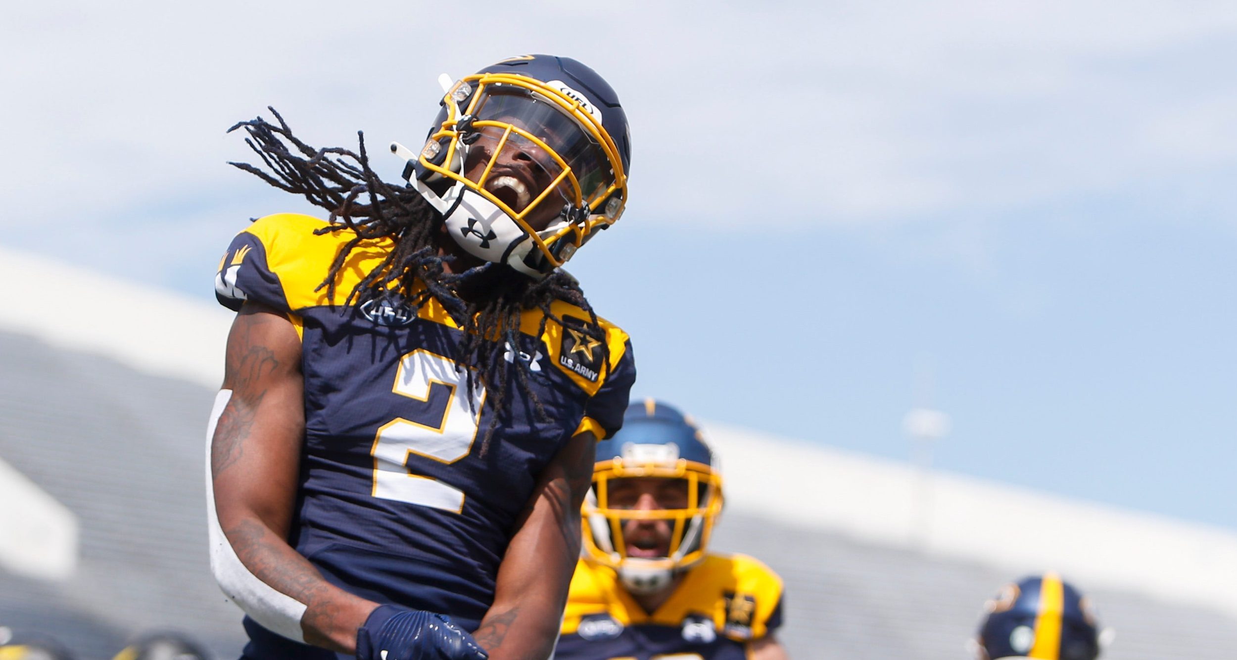 Showboats’ Daewood Davis (2) celebrates after scoring a touchdown during the UFL game between the San Antonio Brahmas and Memphis Showboats in Simmons Liberty Bank Stadium in Simmons Bank Liberty Stadium in Memphis, Tenn., on Saturday, April 6, 2024.
