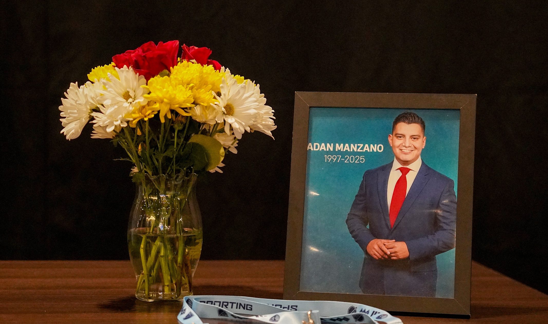 A general view of a memorial display for Adan Manzano, a local reporter who was found dead in New Orleans while covering Super Bowl LIX during the Sporting Kansas City Media Day at Children's Mercy Park.