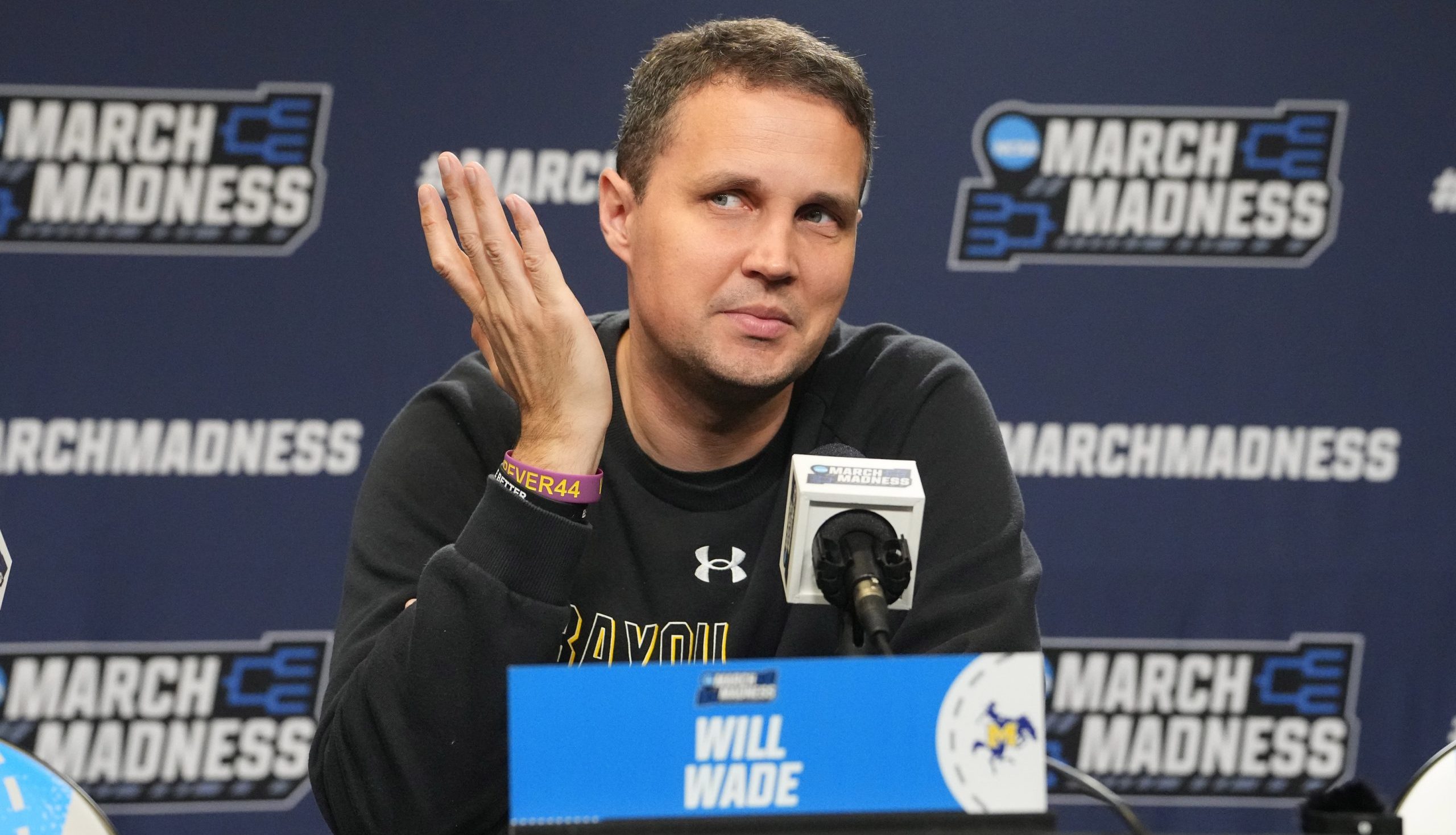 Mar 19, 2025; Providence, RI, USA; McNeese State Cowboys head coach Will Wade answers questions during the first round practice session press conference at Amica Mutual Pavilion. Mandatory Credit: Gregory Fisher-Imagn Images