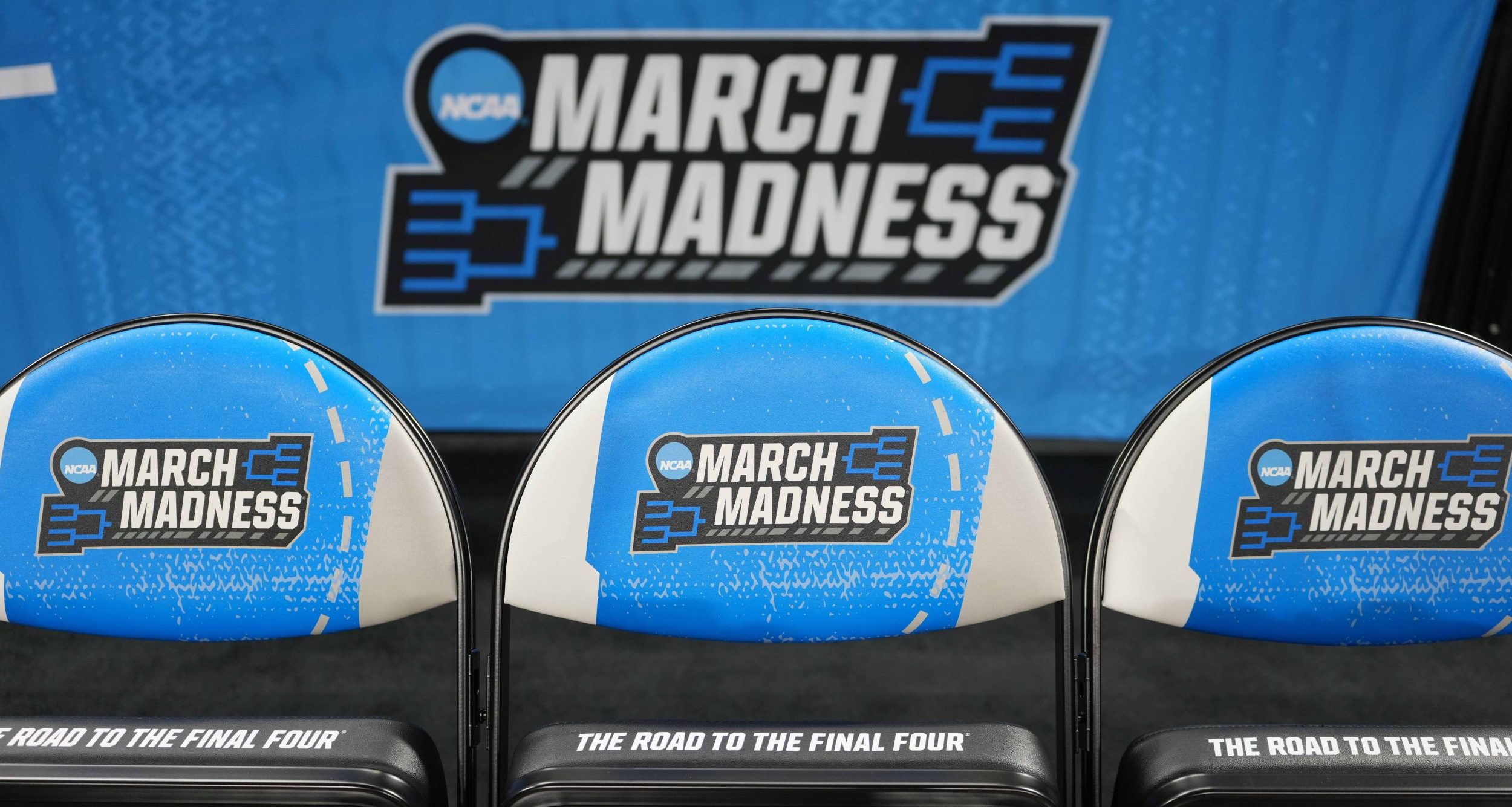 Mar 19, 2025; Wichita, KS, USA; The March Madness logo on the team seats at the Intrust Bank Arena. Mandatory Credit: Kirby Lee-Imagn Images NCAA Tournament