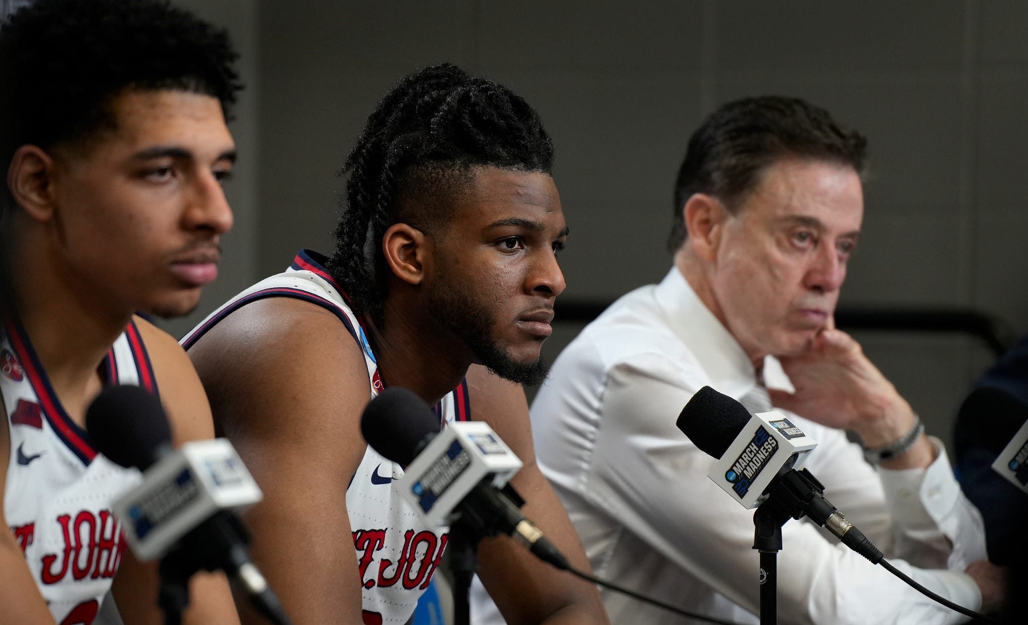 After St. John's opened its NCAA Tournament with a 30-point win, a reporter had a weird question for forward Zuby Ejiofor. Photo Credit: Kris Craig/The Providence Journal/USA TODAY NETWORK via Imagn Images