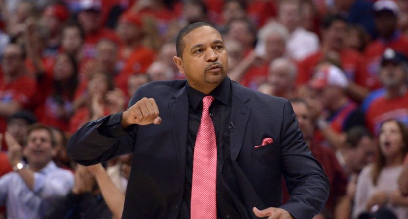 May 3, 2014; Los Angeles, CA, USA; Golden State Warriors coach Mark Jackson reacts against the Los Angeles Clippers in game seven of the first round of the 2014 NBA Playoffs at Staples Center.