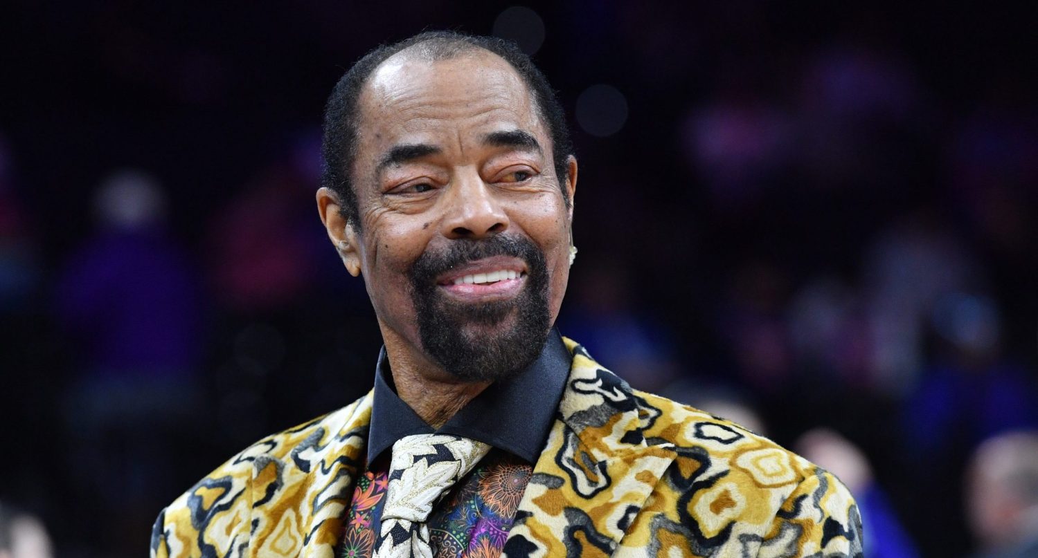 Feb 10, 2023; Philadelphia, Pennsylvania, USA; MSG Network announcer and former New York Knicks great Walt Frazier on the court before game against the Philadelphia 76ers at Wells Fargo Center.