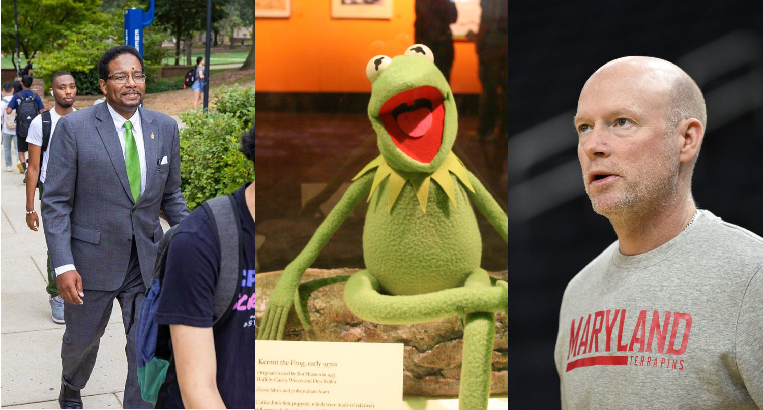 Maryland president Dr. Darryl J. Pines (L) teased a "major announcement," which was about Kermit the Frog rather than Kevin Willard (R).