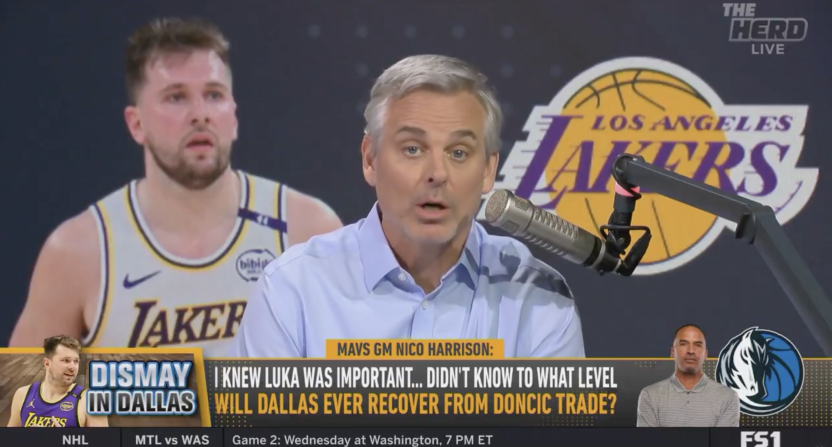 Colin Cowherd discussing Nico Harrison's response to criticism of the Luka Dončić trade