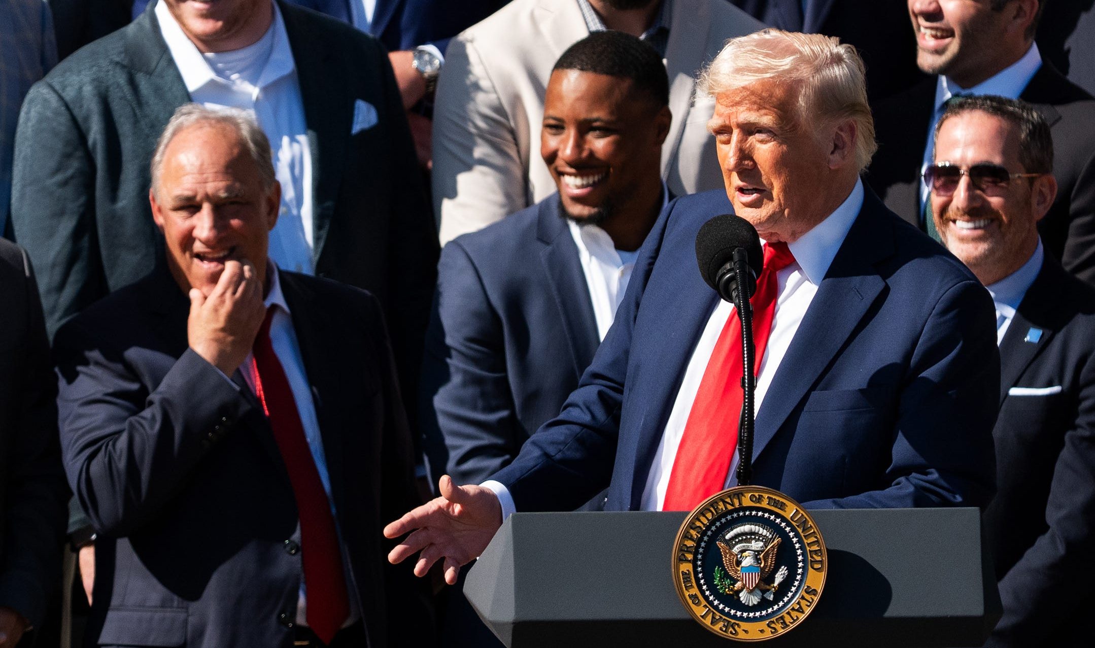 Donald Trump speaking at the Eagles White House visit