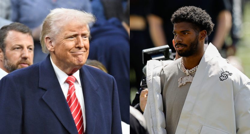 United States President Donald Trump and Colorado quarterback Shedeur Sanders. Photo Credits: Eric Hartline-Imagn Images (Donald Trump. left); Isaiah J. Downing-Imagn Images (Shedeur Sanders, right).
