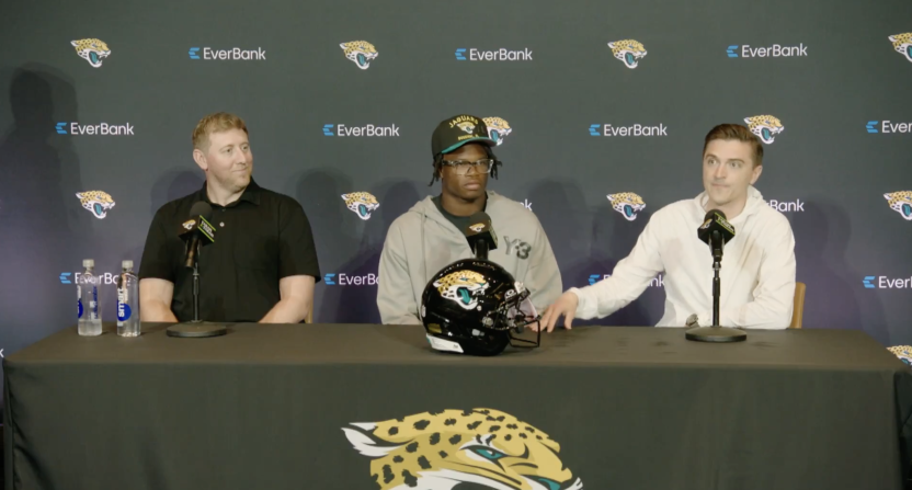 James Gladstone speaking during Travis Hunter's introductory press conference with the Jaguars
