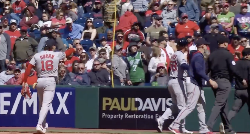 Jarren Duran yelling at a Guardians fan who referenced his 2022 suicide attempt from the stands