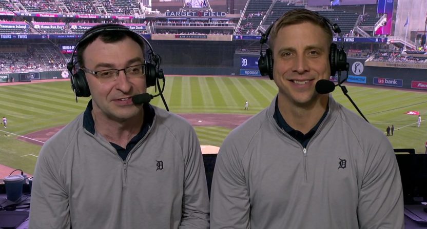 Detroit Tigers announcers Jason Benetti and Andy Dirks. Photo Credit: FanDuel Sports Detroit.