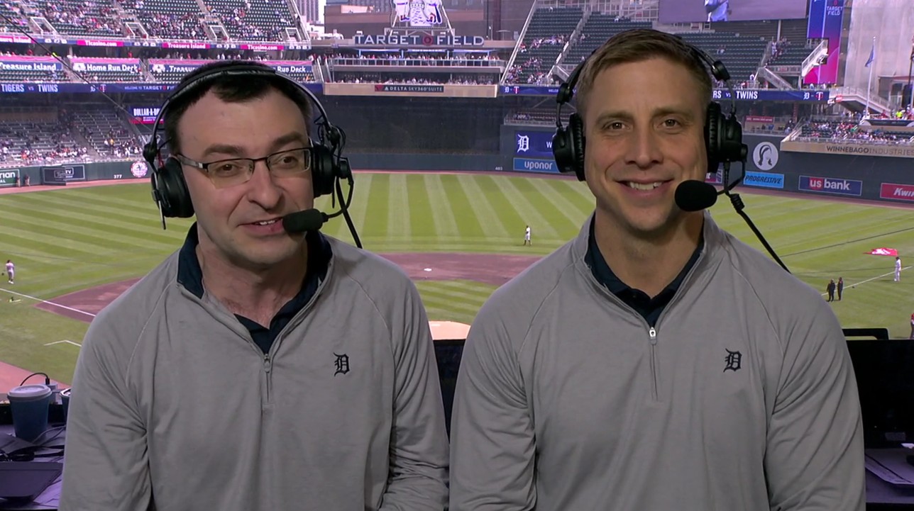Detroit Tigers announcers Jason Benetti and Andy Dirks. Photo Credit: FanDuel Sports Detroit.