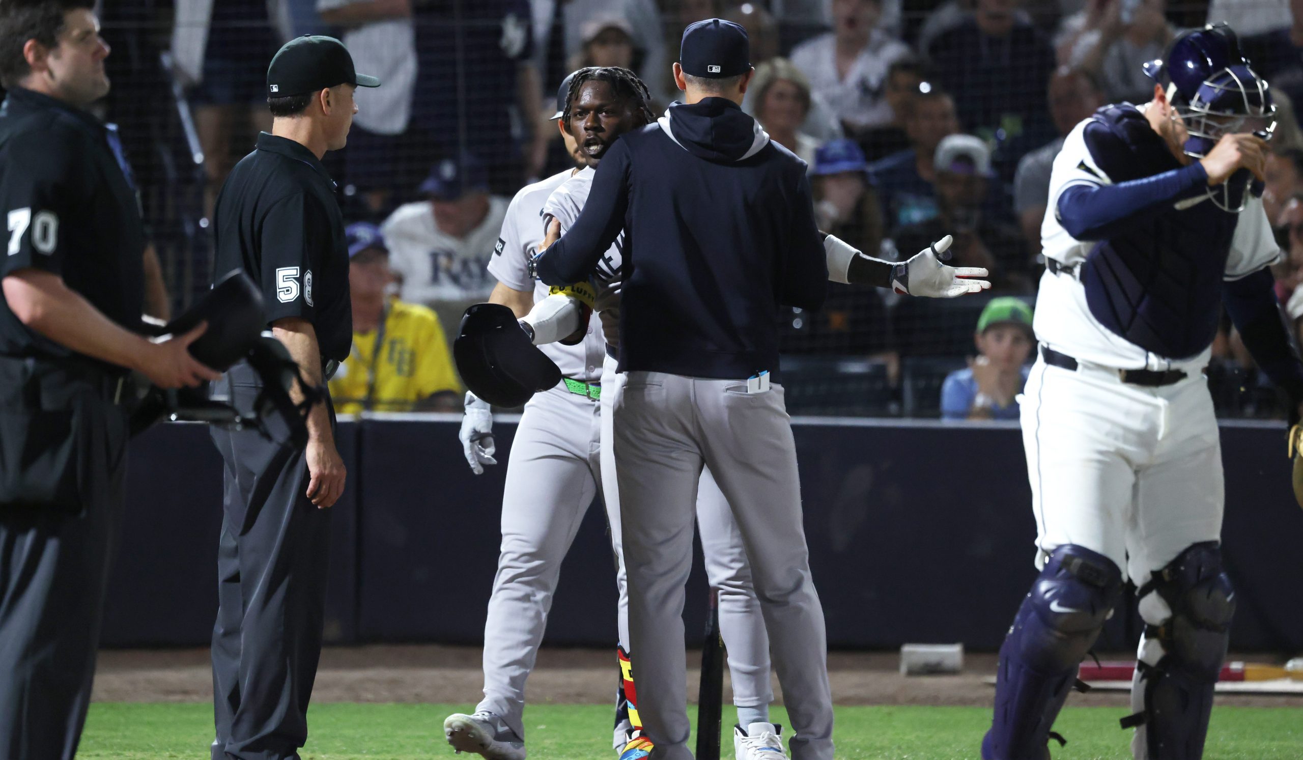 Yankees star Jazz Chisholm Jr. moments after being ejected by home plate umpire John Bacon