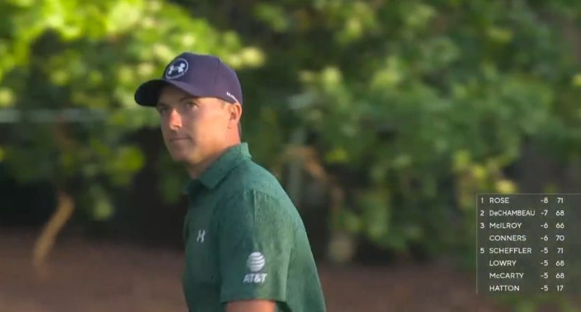 A frustrated Jordan Spieth looks at his second shot on the 18th hole during Friday's second round of the Masters. Photo Credit: ESPN