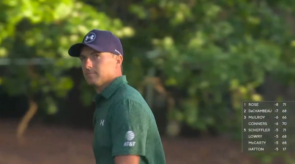 A frustrated Jordan Spieth looks at his second shot on the 18th hole during Friday's second round of the Masters. Photo Credit: ESPN