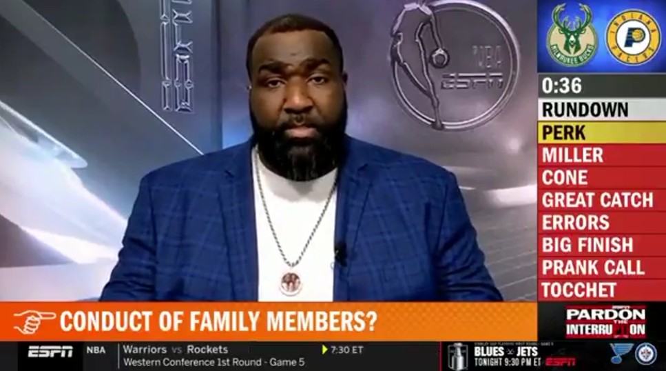 Kendrick Perkins calls for John Haliburton, the father of Indiana Pacers star Tyrese Haliburton, to be suspended for the remainder of the playoffs. Photo Credit: ESPN.