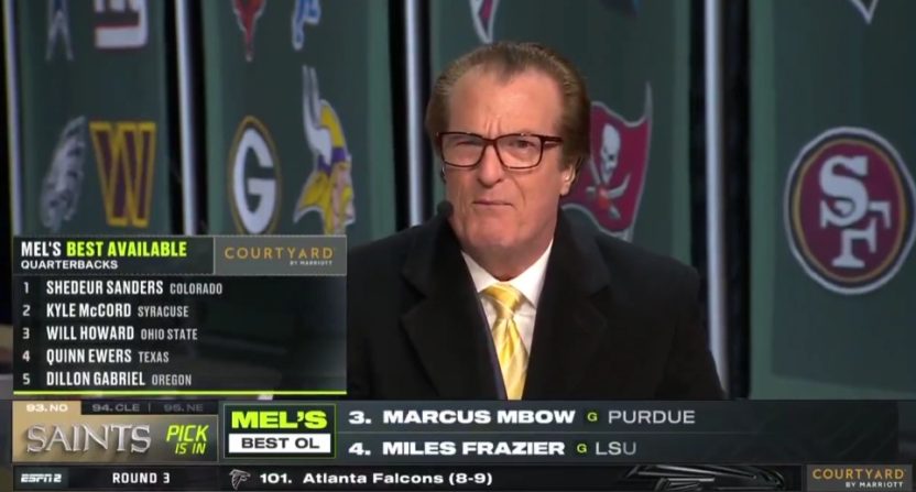 Mel Kiper Jr. rants about Shedeur Sanders' slide during the third round of the 2025 NFL Draft. Photo Credit: ESPN2