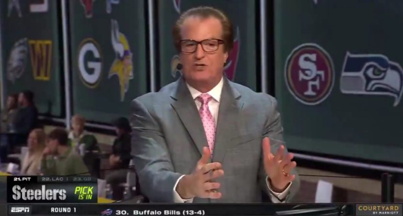 Mel Kiper Jr. discusses the Pittsburgh Steelers as a landing spot for Shedeur Sanders, moments before they took Oregon defensive tackle Derrick Harmon. Photo Credit: ESPN