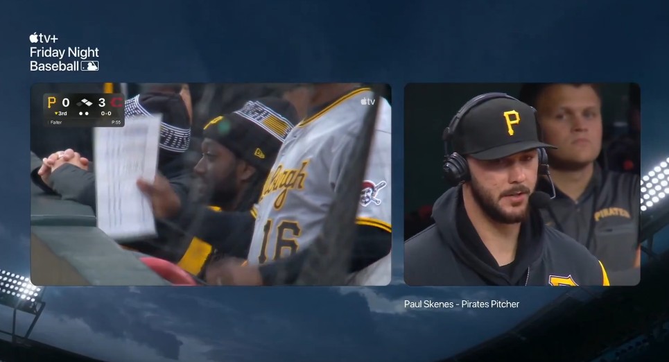 While Paul Skenes talks about Andrew McCutchen, Apple TV+ cameras focus on another player. Photo Credit: Apple TV+