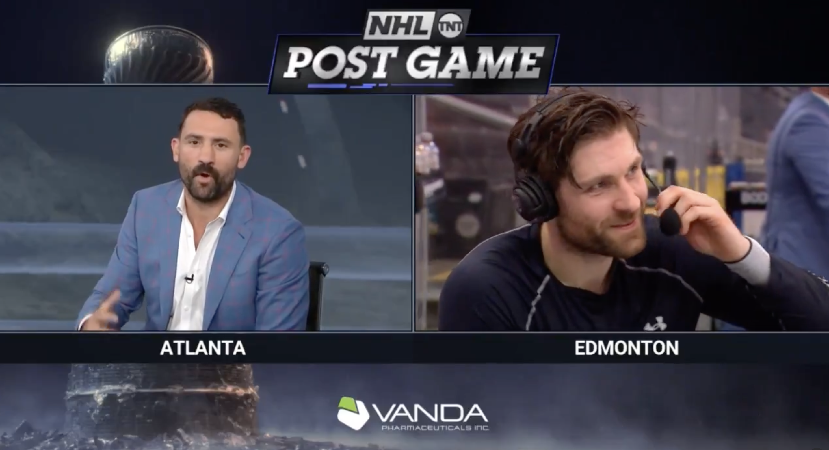 Paul Bissonnette speaking with Oilers star Leon Draisaitl after his Game 4 game-winning goal over the Kings