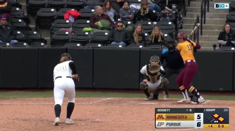 An announcer jinx struck Purdue's softball team immediately after a student announcer noted the prowess of the opposing hitter. Photo Credit: B1G+ on X.