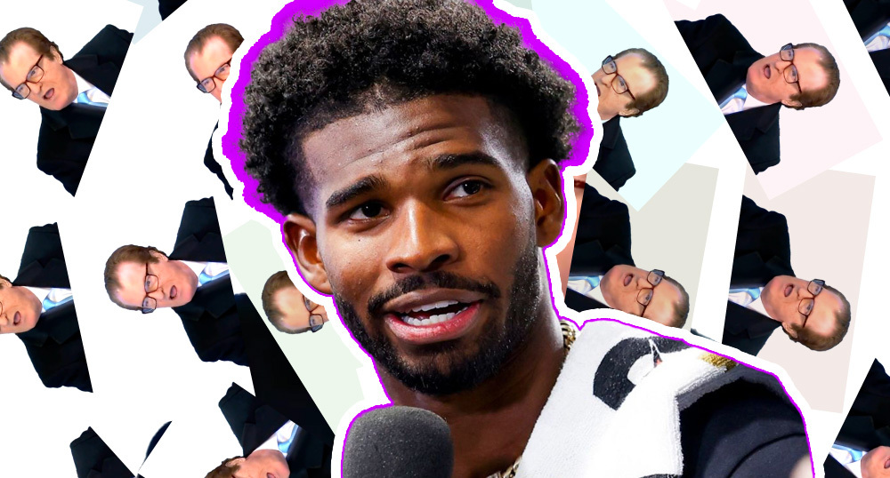 Graphic of Mel Kiper Jr. and Shedeur Sanders.