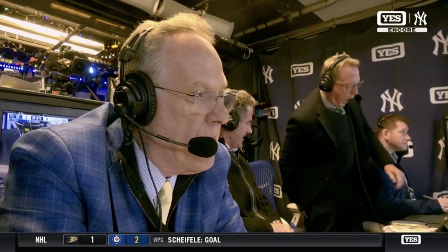 Michael Kay, Paul O'Neill and David Cone in Yankees broadcast booth