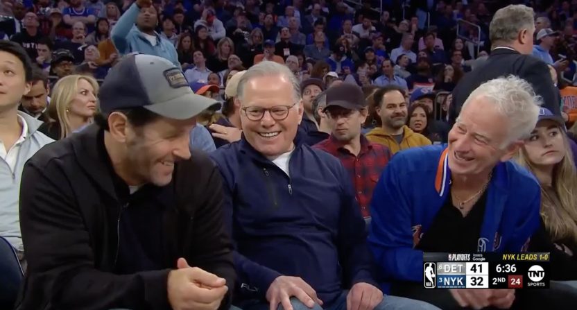 Paul Rudd, David Zaslav and John McEnroe at Knicks-Pistongs game