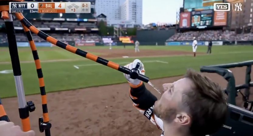Baltimore Orioles' Ryan O'Hearn drinks from Hydration Station