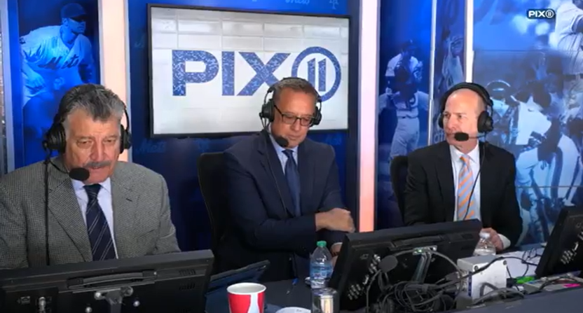 Gary Cohen alongside Keith Hernandez and Ron Darling on PIX 11 broadcast of New York Mets.