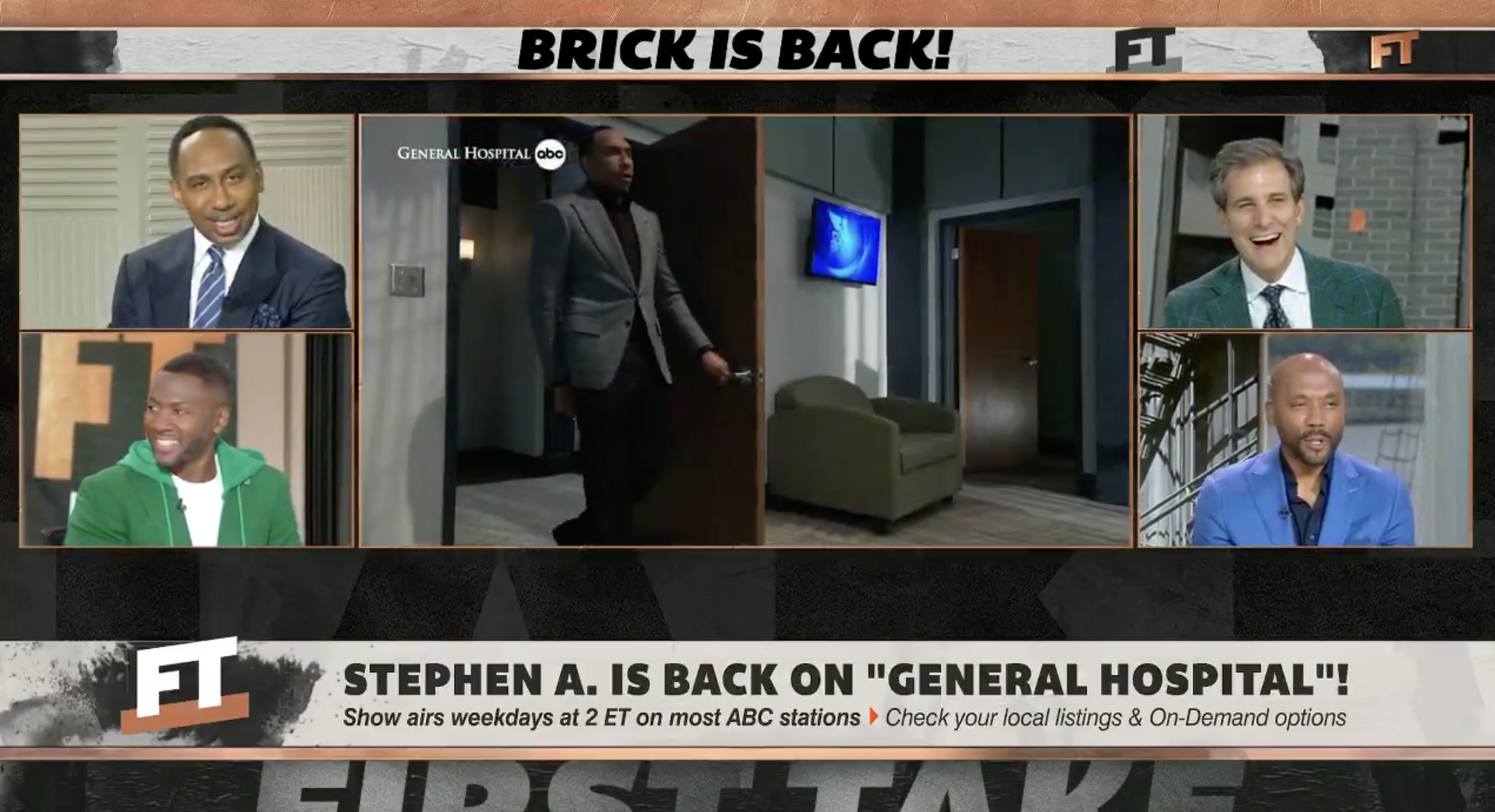 Stephen A. Smith and the cast of 'First Take' reacting to his return on 'General Hospital'