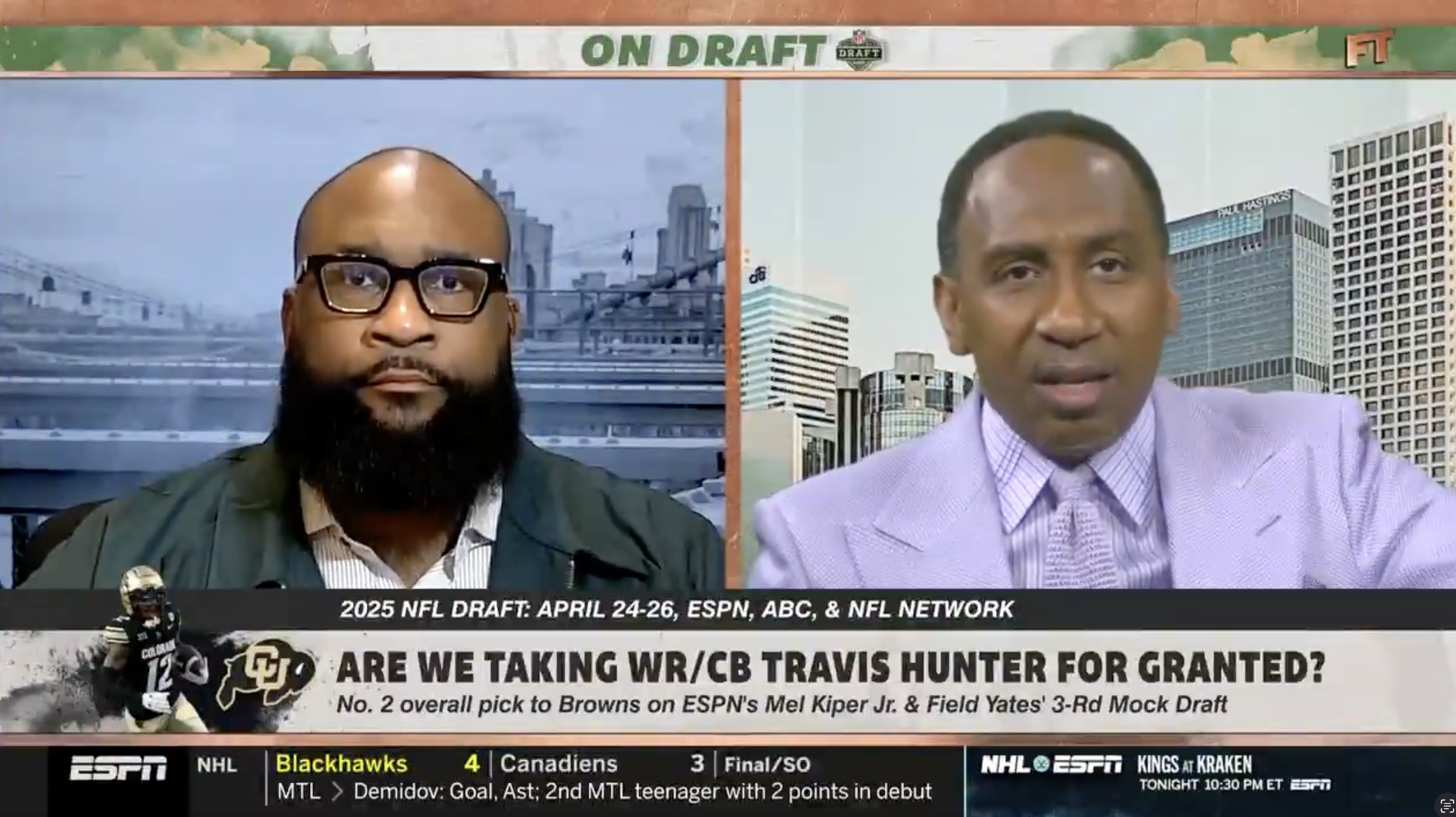 Stephen A. Smith and Marcus Spears on 'First Take' discussing historical debates in sports