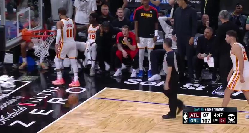 Atlanta Hawks star Trae Young leaves the floor after getting ejected from Tuesday's NBA Play-In Tournament loss to the Orlando Magic. Photo Credit: TNT