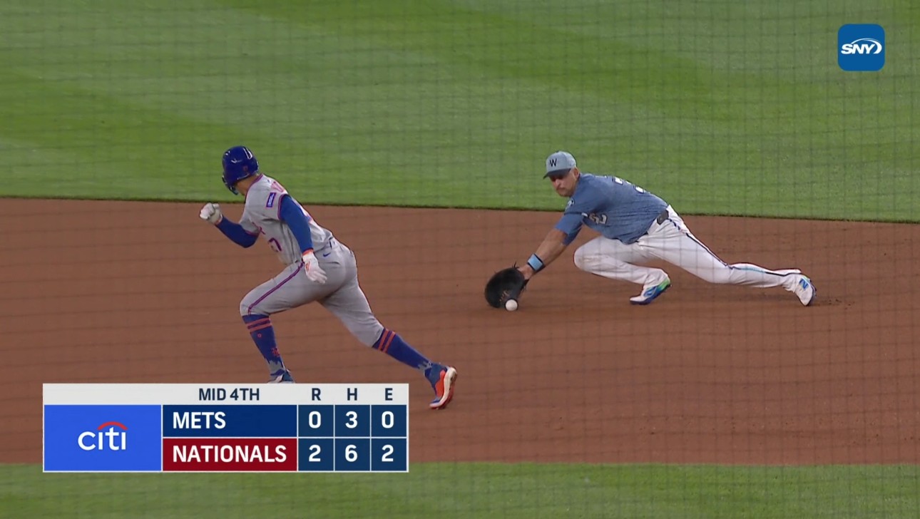While replays showed that Washington Nationals first baseman Nathaniel Lowe trapped the ball, it was ruled a catch, which led to a controversial triple play. Photo Credit: SNY