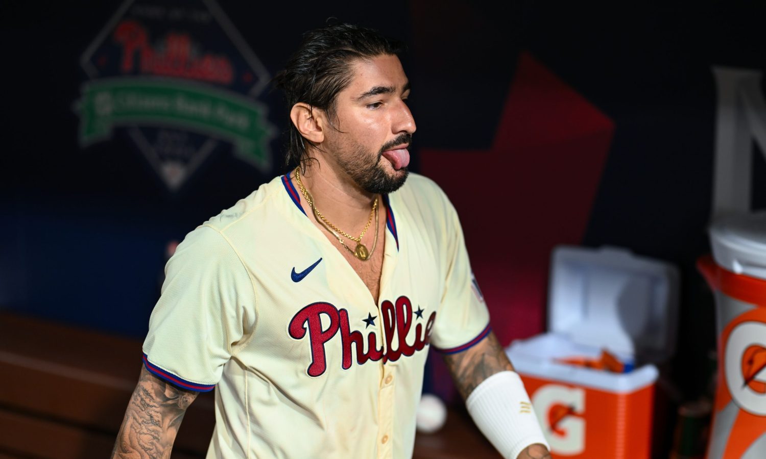 Oct 6, 2024; Philadelphia, Pennsylvania, USA; Philadelphia Phillies outfielder Nick Castellanos (8) reacts after game two of the NLDS against the New York Mets for the 2024 MLB Playoffs at Citizens Bank Park.