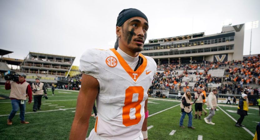 Tennessee quarterback Nico Iamaleava (8) exits the field after a game.