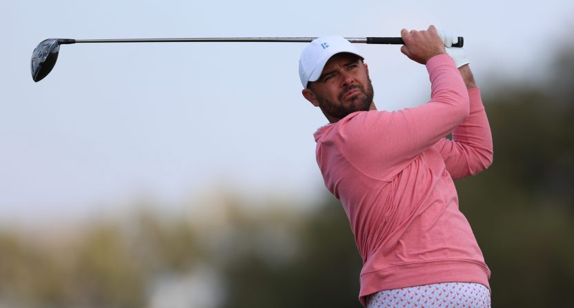 Jan 25, 2025; San Diego, California, USA; Wesley Bryan plays his shot from the second tee during the final round of the Farmers Insurance Open golf tournament at Torrey Pines Municipal Golf Course - South Course. Mandatory Credit: Abe Arredondo-Imagn Images