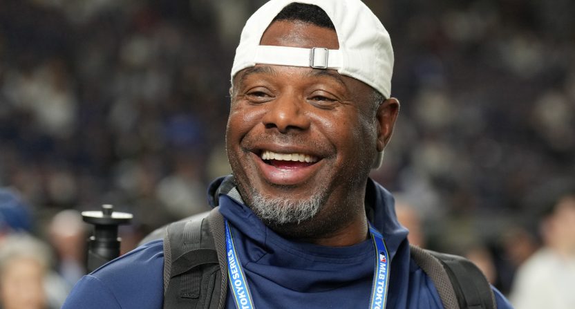 Mar 18, 2025; Bunkyo, Tokyo, JPN; Seattle Mariners former player Ken Griffey Jr. stands on the field before the game between the Los Angeles Dodgers and the Chicago Cubs during the Tokyo Series at Tokyo Dome. Mandatory Credit: Darren Yamashita-Imagn Images