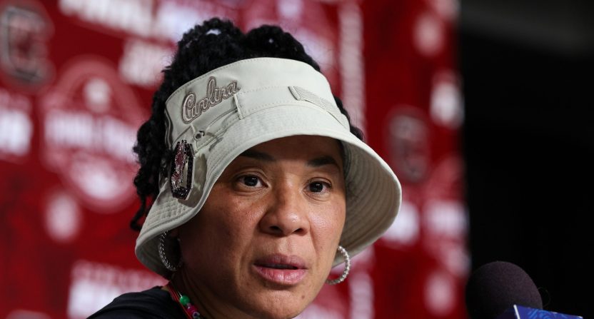 South Carolina Gamecocks head coach Dawn Staley talks to media before practice at Amalie Arena.