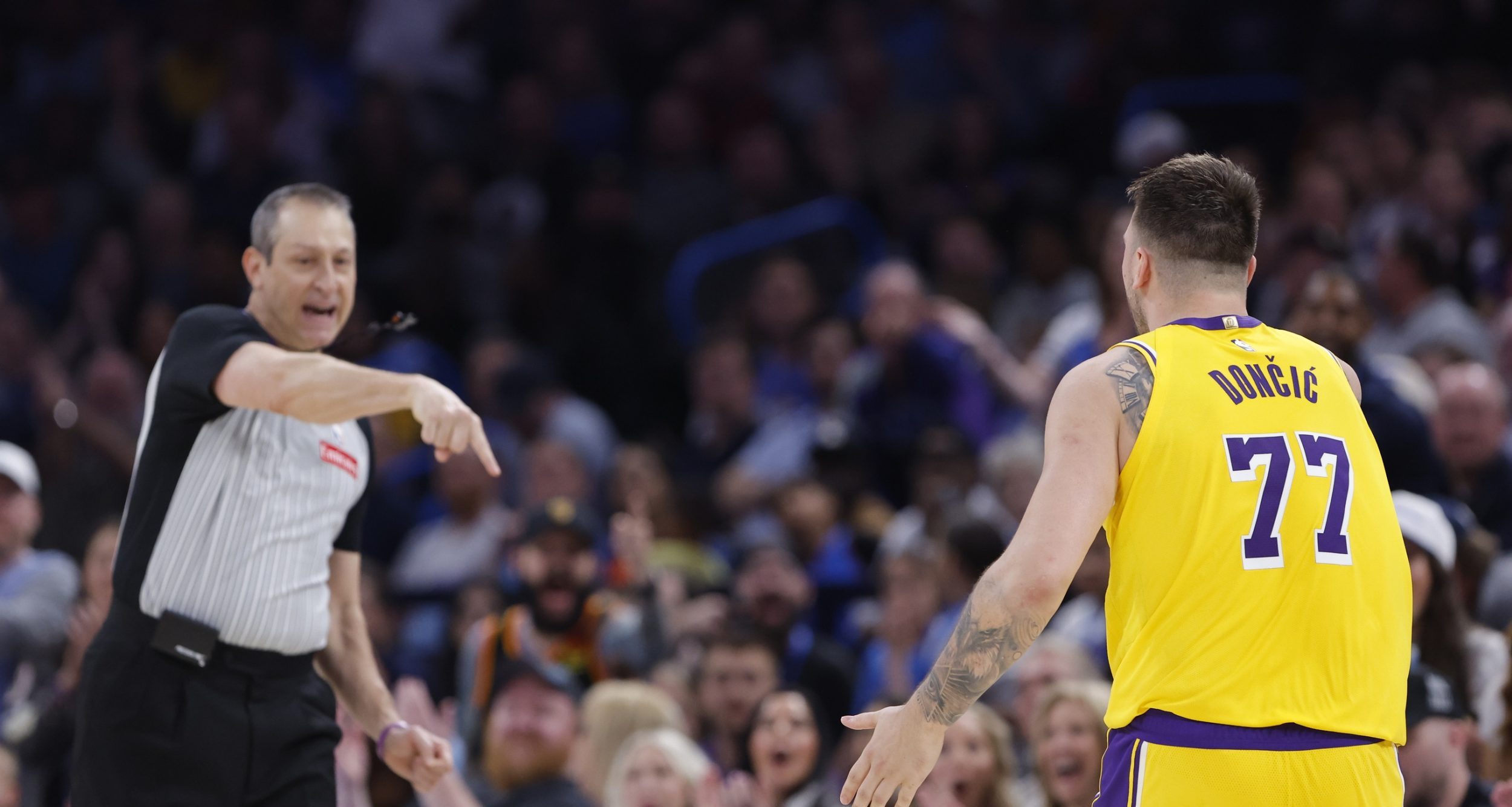 Los Angeles Lakers guard Luka Doncic (77) has a technical call against him during the second half of a game against the Oklahoma City Thunder at Paycom Center.