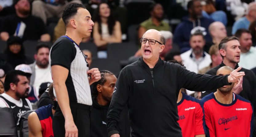 Apr 8, 2025; Inglewood, California, USA; LA Clippers associate head coach Jeff Van Gundy talks with referee Ray Acosta (54) in the second half against the LA Clippers at the Intuit Dome.