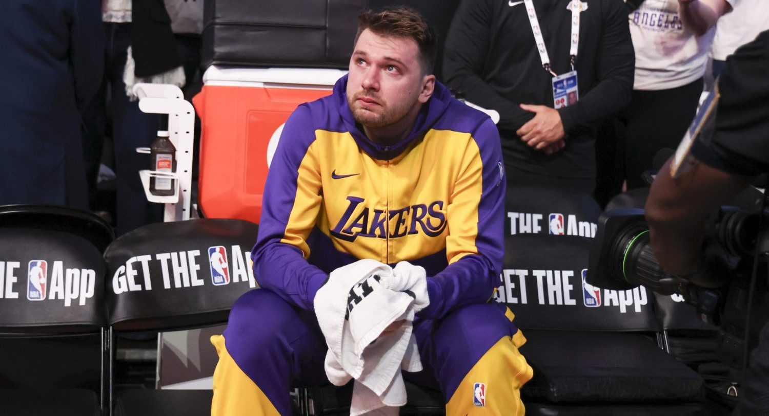 Apr 9, 2025; Dallas, Texas, USA; Los Angeles Lakers guard Luka Doncic (77) reacts while watching a tribute video before the game against the Dallas Mavericks at American Airlines Center.