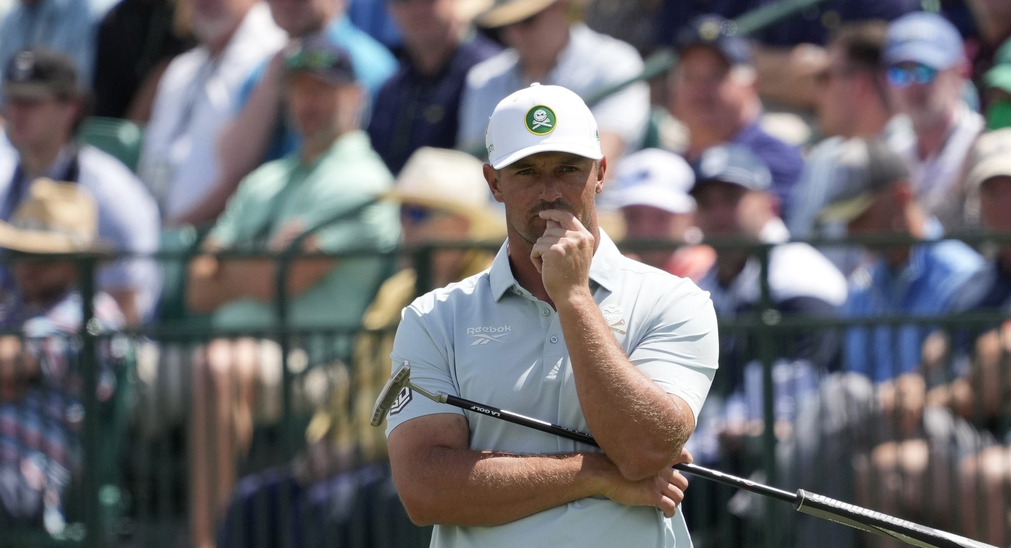 Bryson DeChambeau looks on the 15th green during the second round of the Masters Tournament at Augusta National Golf Club.
