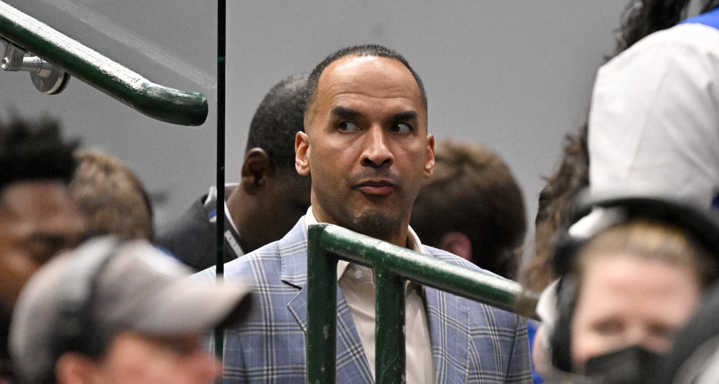 Apr 9, 2025; Dallas, Texas, USA; Dallas Mavericks general manager Nico Harrison during the game between the Dallas Mavericks and the Los Angeles Lakers at American Airlines Center.