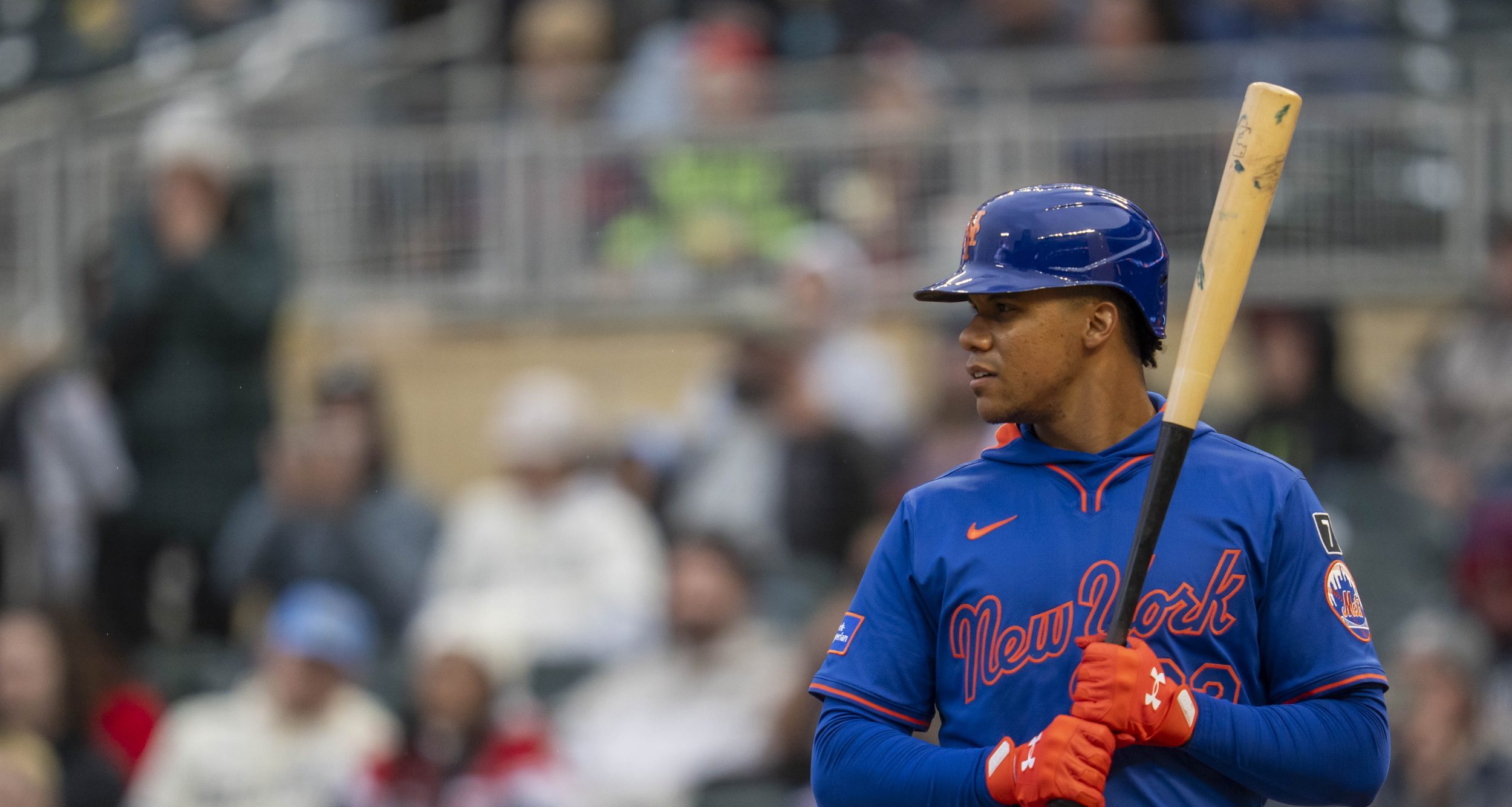 Apr 14, 2025; Minneapolis, Minnesota, USA; New York Mets right fielder Juan Soto (22) looks on during an at bat against the Minnesota Twins in the first inning at Target Field.