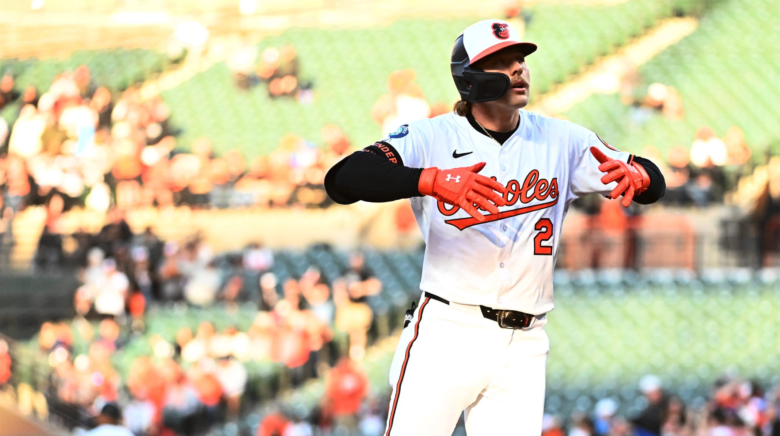 Baltimore Orioles star Gunnar Henderson reacts to his first home run of the season. Mandatory Credit: James A. Pittman-Imagn Images