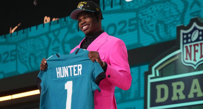 Apr 24, 2025; Green Bay, WI, USA; Colorado Buffaloes wide receiver Travis Hunter is selected by the Jacksonville Jaguars as the number two pick in the first round of the 2025 NFL Draft at Lambeau Field. Mandatory Credit: Kirby Lee-Imagn Images