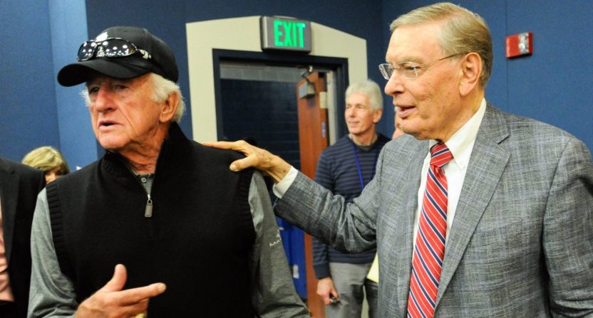 Sep 26, 2014; Milwaukee, WI, USA; MLB Commissioner Bud Selig (right) speaks to radio announcer Bob Uecker at a press conference at Miller Park before game between the Chicago Cubs and Milwaukee Brewers.